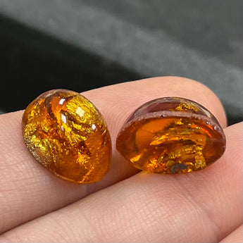 2 Vintage Japan Amber Silver Foiled Oval Glass Cabochons #9607