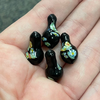 4 Vintage Japan Black Floral Millefiori Glass Beads #9051