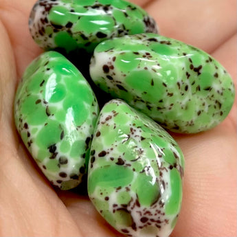 4 Vintage Japan White Green Matrix Glass Beads #8229