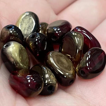 12 Vintage Garnet Red Gold Oval Glass Beads #8673