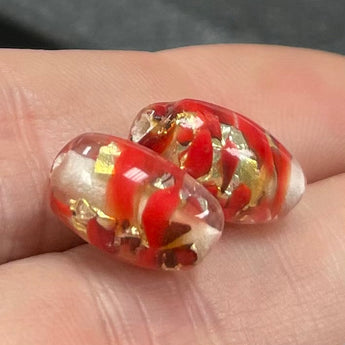 2 Vintage Red Gold Foil Italian Oval Glass Beads