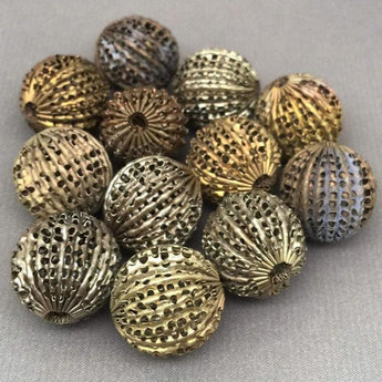 4 Vintage Matte Brass Corrugated Screen Round Metal Beads