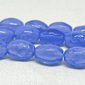 10 Vintage Opal Blue Etched Oval Glass Beads