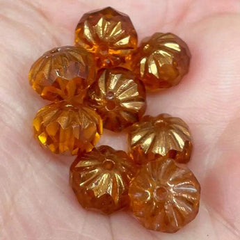 8 Topaz Metallic Pressed Czech Rondelle Glass Beads, 10x7mm size.