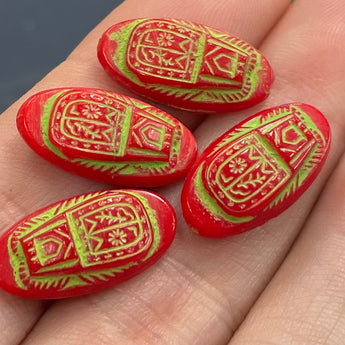 4 Vintage Red Green Revival Egyptian Glass Cabochons