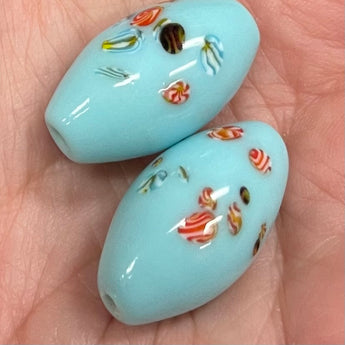 2 Vintage Large Turquoise Millefiori Japan Oval Glass Beads