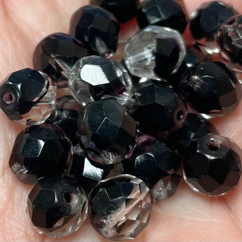 25 Vintage Clear Dark Purple Czech Fire Polished Glass Beads