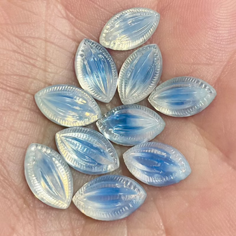 10 Vintage White Opal Blue German Navette Glass Cabochons #8532