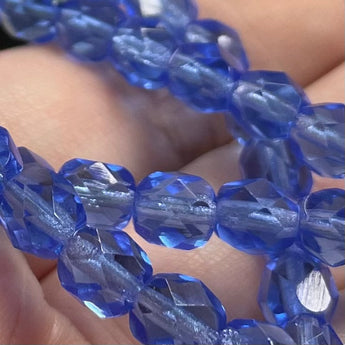 50 Sapphire Blue Czech Fire Polished Glass Beads