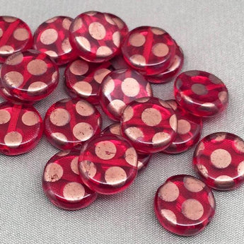 20 Vintage Siam Red Czech Polka Dot Coin Glass Beads