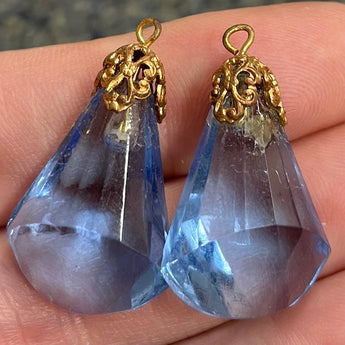 2 Vintage Fancy Sapphire Blue Faceted Bell Glass Pendants