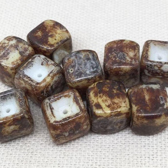 10 Vintage Golden Brown Picasso Austrian Cube Glass Beads