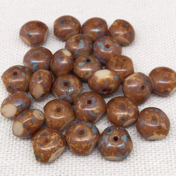 25 Cream Brown Picasso Quadrie Rondelle Glass Beads