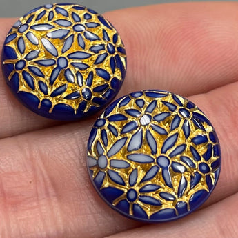 2 Vintage Blue Gold Floral Round Glass Cabochons #8521