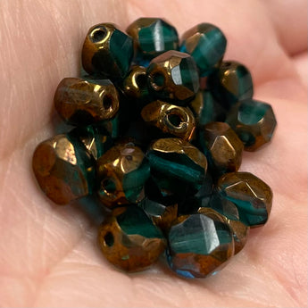 25 Green Emerald Czech Bronze Coin Glass Beads