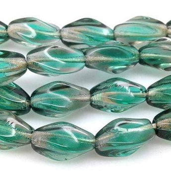 10 Vintage Aqua Teal Gray German Wavy Oval Glass Beads