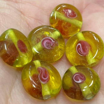 6 Vintage Golden Yellow Rose Lampwork Coin Glass Beads #8591