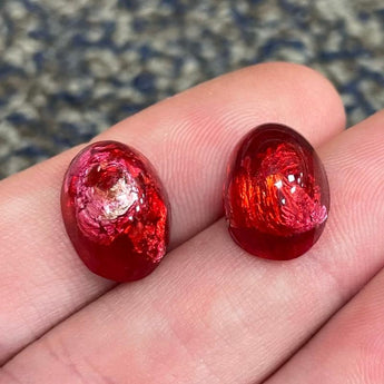 2 Vintage Japan Red Foil Oval Glass Cabochons #9608