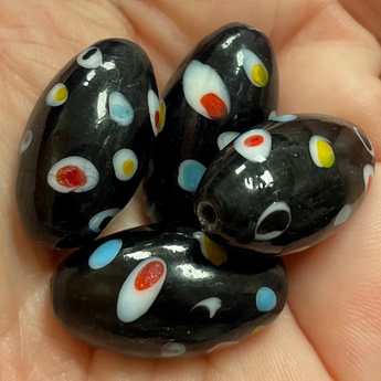 4 Vintage Black Polka Dot Oval Glass Beads