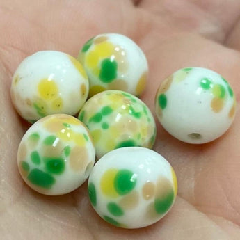 6 Vintage Japan White Beige Green Round Glass Beads Cherry Brand  #8690