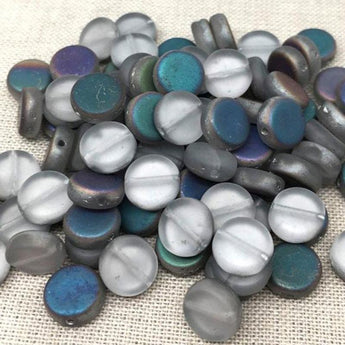 50 AB Matte Gray Czech Coin Glass Beads