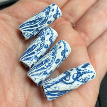 4 Vintage White Blue Mushroom Cylindrical Beads