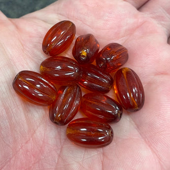 10 Vintage Dark Topaz Czech Ribbed Oval Glass Beads