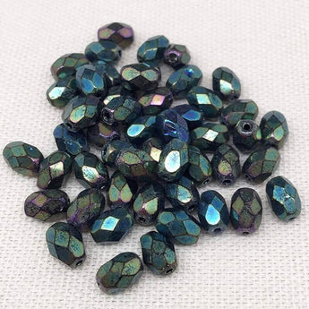 50 Green Metallic Czech Faceted Oval Glass Beads