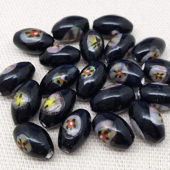 10 Vintage Black Japan Millefiori Oval Glass Beads