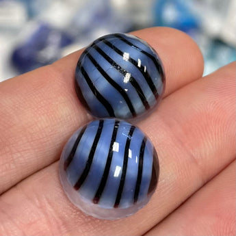 2 Vintage Blue Striped Round Glass Cabochons #3588