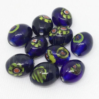 10 Vintage Handmade Cobalt Blue Millefiori Oval Glass Beads