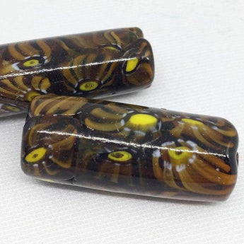 2 Vintage Millefiori Brown Caramel Yellow Cylinder Glass Beads