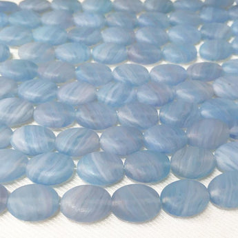 25 Vintage Czech Frosted Misty Blue Striped Oval Glass Beads