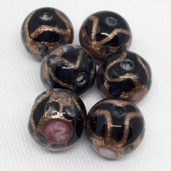 6 Vintage Black Fancy Rose Aventurine Round Glass Beads