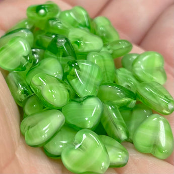 50 Vintage Green Striped Czech Heart Glass Beads