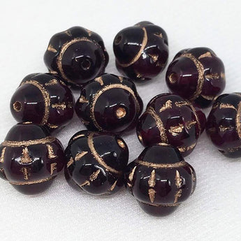 10 Vintage Dark Red Garnet Czech Carved Saturn Glass Beads