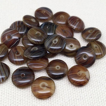 25 Brown Striped Czech Disc Rondelle Glass Beads