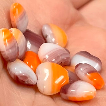 25 Orange Purple Czech Heart Glass Beads