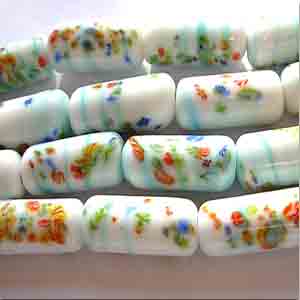 4 Vintage Japan White Aqua Striped Floral Millefiori Tube Glass Beads #9379