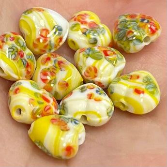 10 Vintage Yellow Heart Shaped Floral Beads    #8867