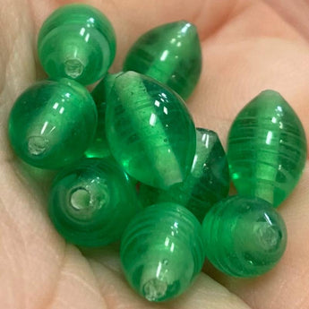 10 Vintage Japan Green Striped Oval Glass Beads #9300