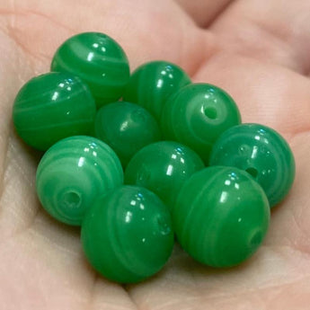 10 Vintage Striped Green Japan Round Glass Beads