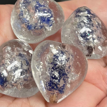 4 Vintage Clear Blue Silver Foil Heart Glass Beads