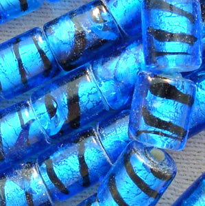 6 Vintage Electric Capri Blue Foil Tube Glass Beads #4010