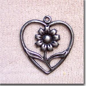 2 Vintage Heart Sunflower Pewter Metal Pendants 25mm