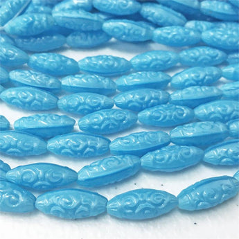 8 Vintage German Aqua Blue Pressed Oval Glass Beads #9378