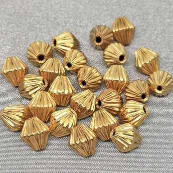 25 Vintage Brass Corrugated Metal Diamond Bicone Beads