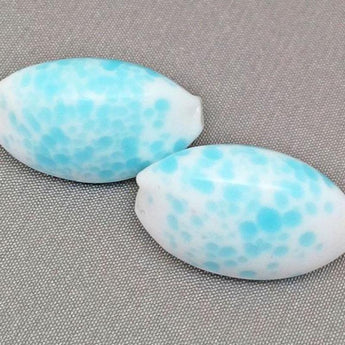 2 Vintage Handmade White Mottled Aqua Turquoise Japan Oval Glass Beads