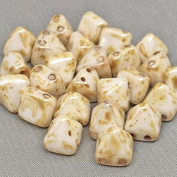 25 Cream Golden Brown Picasso Czech Stud Glass Beads Two Hole Pyramid