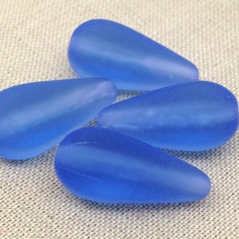 4 Vintage Czech Frosted Blue Teardrop Glass Beads #8966